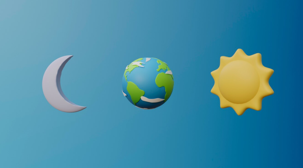 Stylized emoji of a crescent moon, Earth, and sun on a blue background