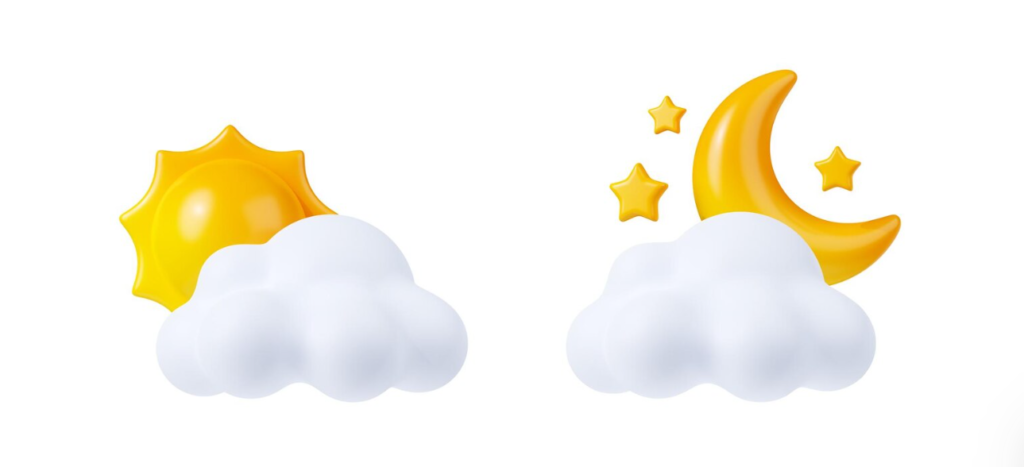 Cartoon sun and moon with stars peeking from behind clouds