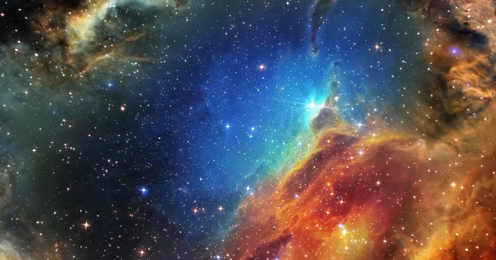 Colorful star-forming nebula with bright stars scattered across a dark space background