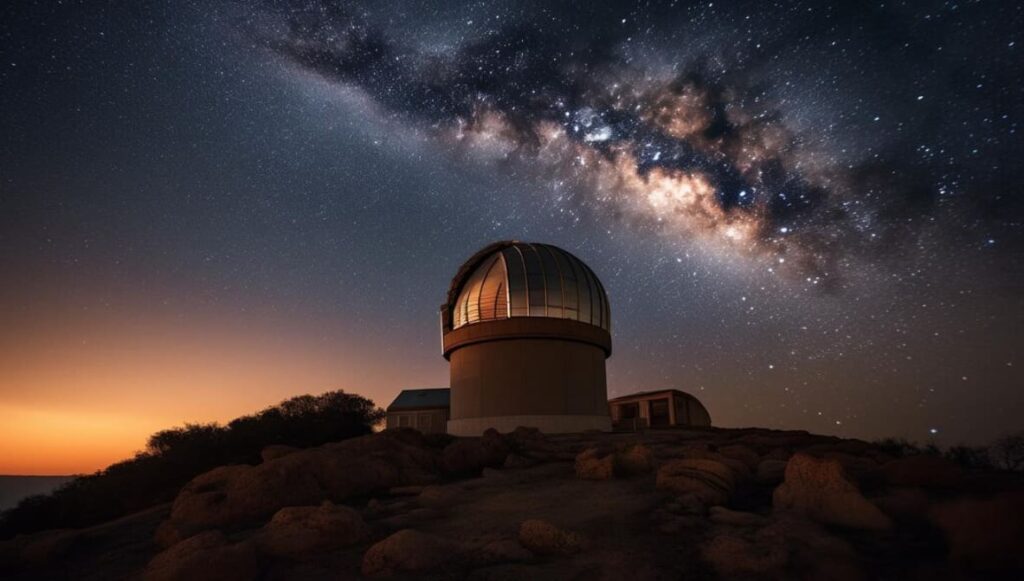 Observatory under a star-filled sky with the Milky Way above
