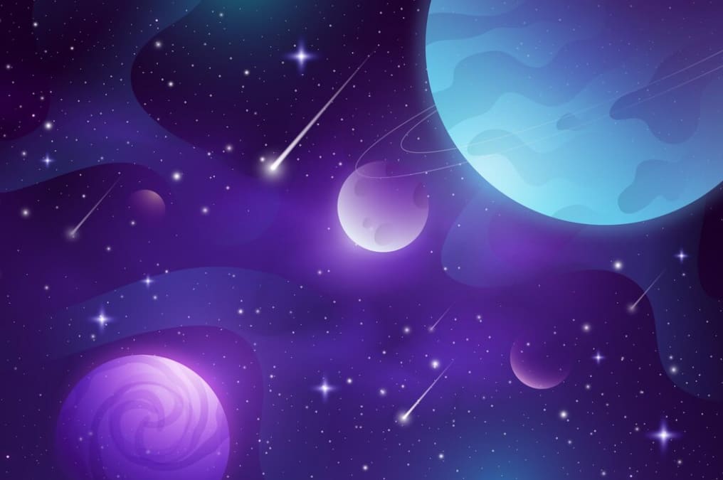 Stylized space scene with planets, stars, and comets on a purple backdrop