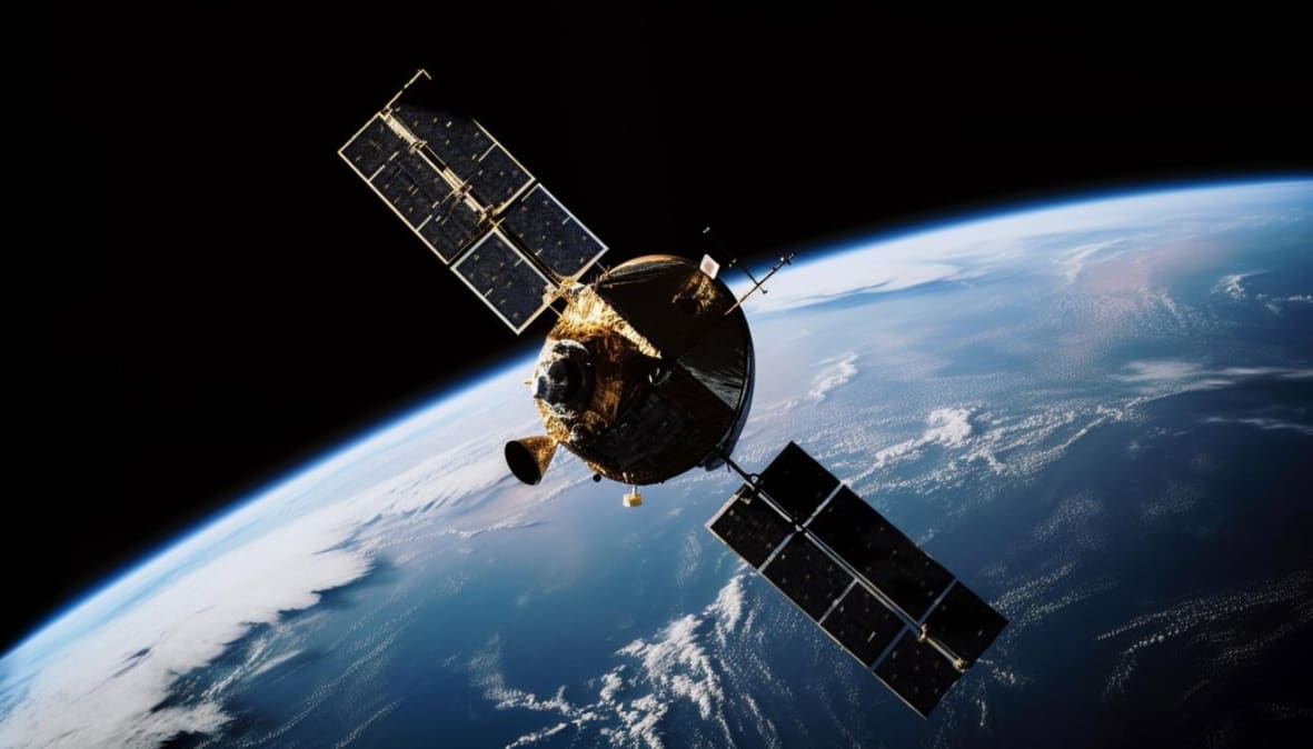Satellite orbits Earth with the horizon in the background